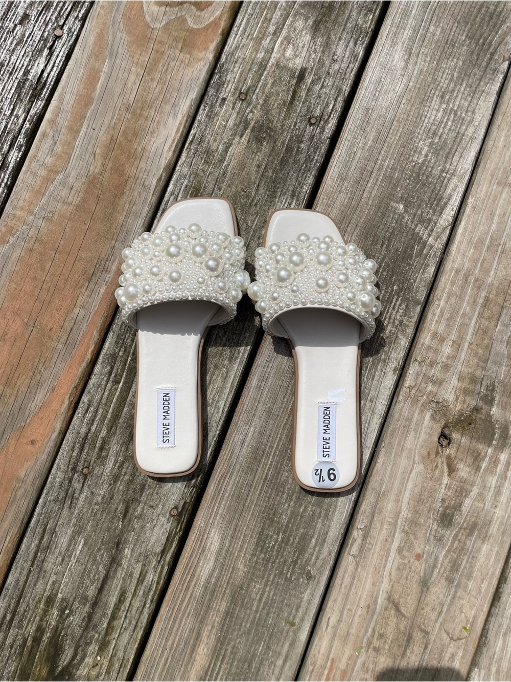 Steve Madden Pearl-Beaded White Slide Sandals